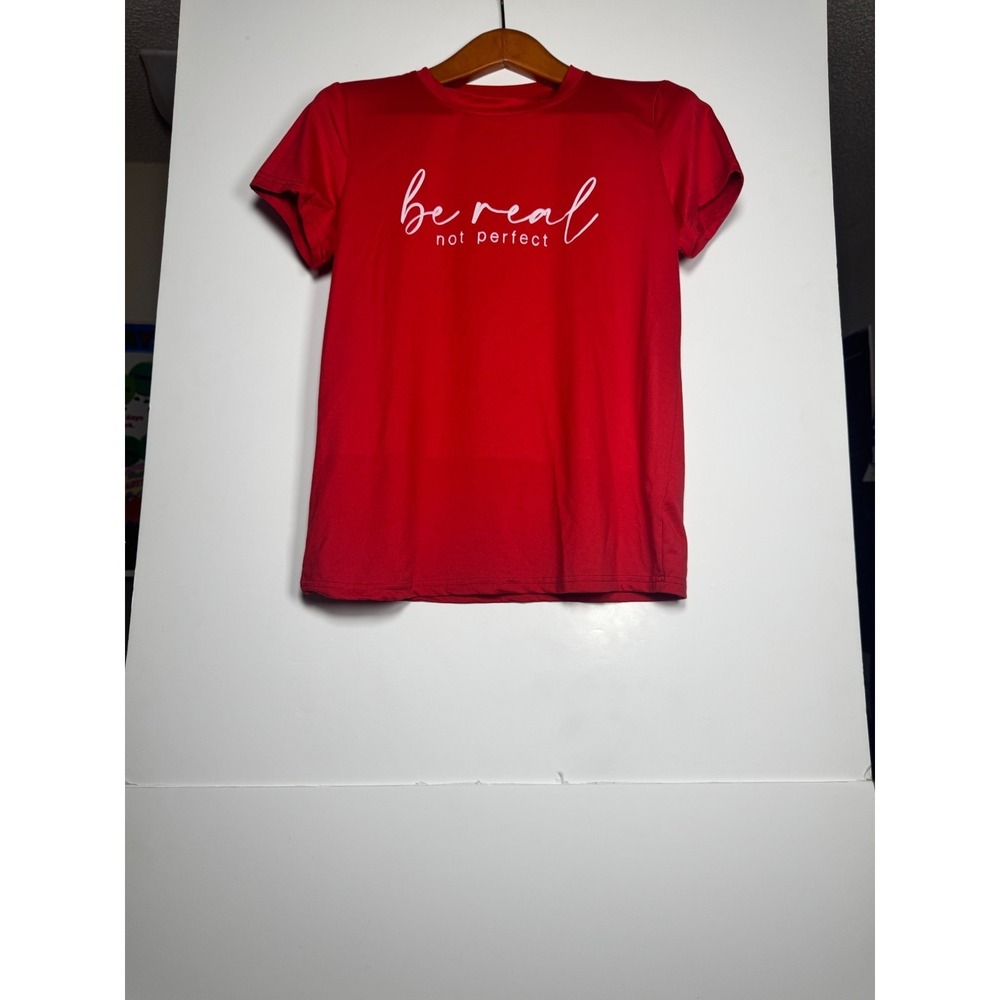 Be Real Not Perfect T Shirt Womens Red Graphic Print Casual Everyday Wear Top